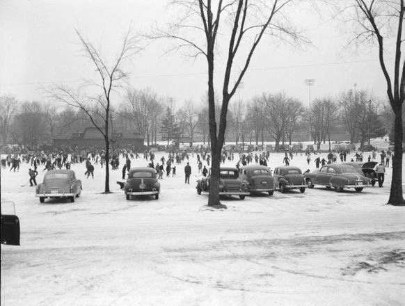 #TBT to Victoria Park in the 1950s. The ice rink was a popular spot for locals to gather in #DTKitchener #Canada150