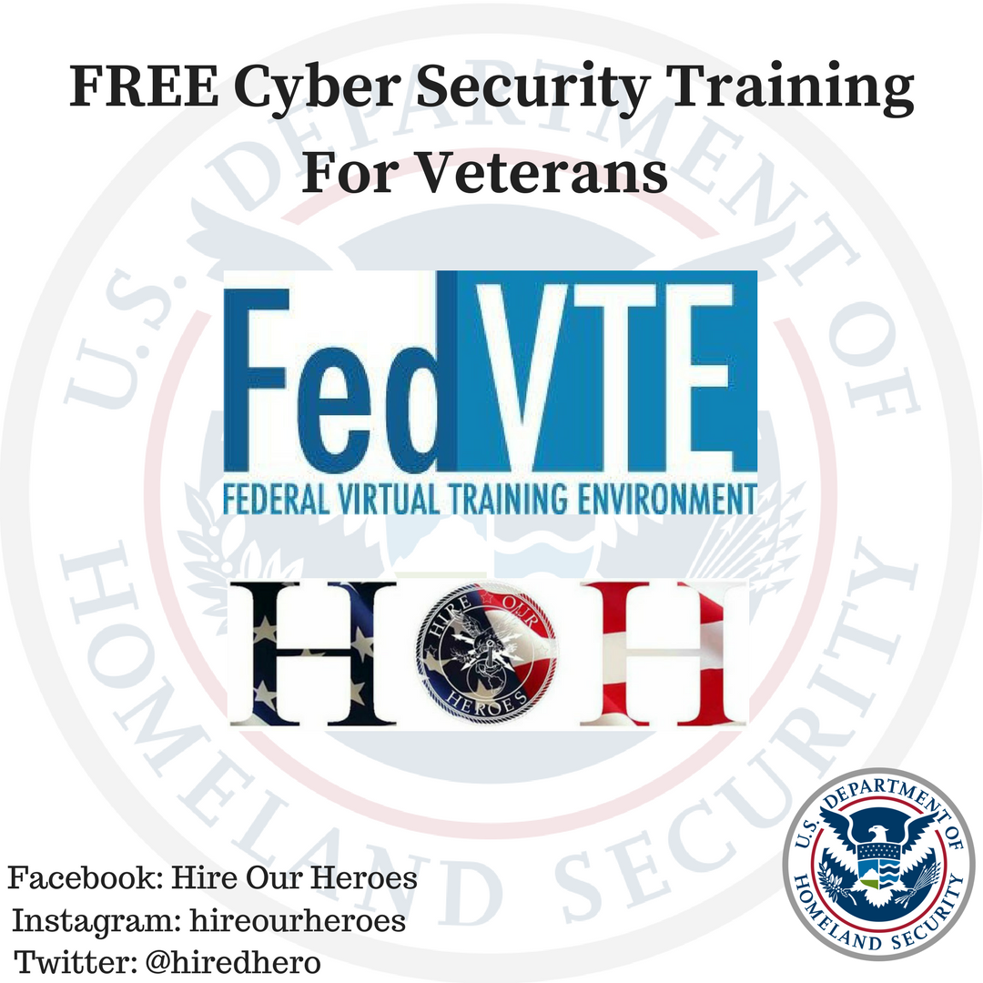 HiredHero's tweet photo. Hire Our Heroes has teamed up with The Department of Homeland Security to offer free #Cybersecurity training for #Veterans! Fed VTE contains 800+ hours of training, users can take courses in Risk Management, Malware Analysis and more @DHSgov

Sign up here: https://t.co/sVJr6z0RBr https://t.co/SVTRejAO0m