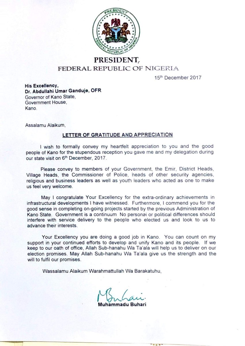 dawisu's tweet photo. Appreciation letter from President @MBuhari to H.E @GovUmarGanduje on his recent visit to Kano #PMBInKano. Keywords #StupendousReception #ExtraordinaryAchievements. Please RT for "ALL" to see. #AikiDaiBaba ππ€£πππΊπΊπΊ https://t.co/8uHa4nwhji