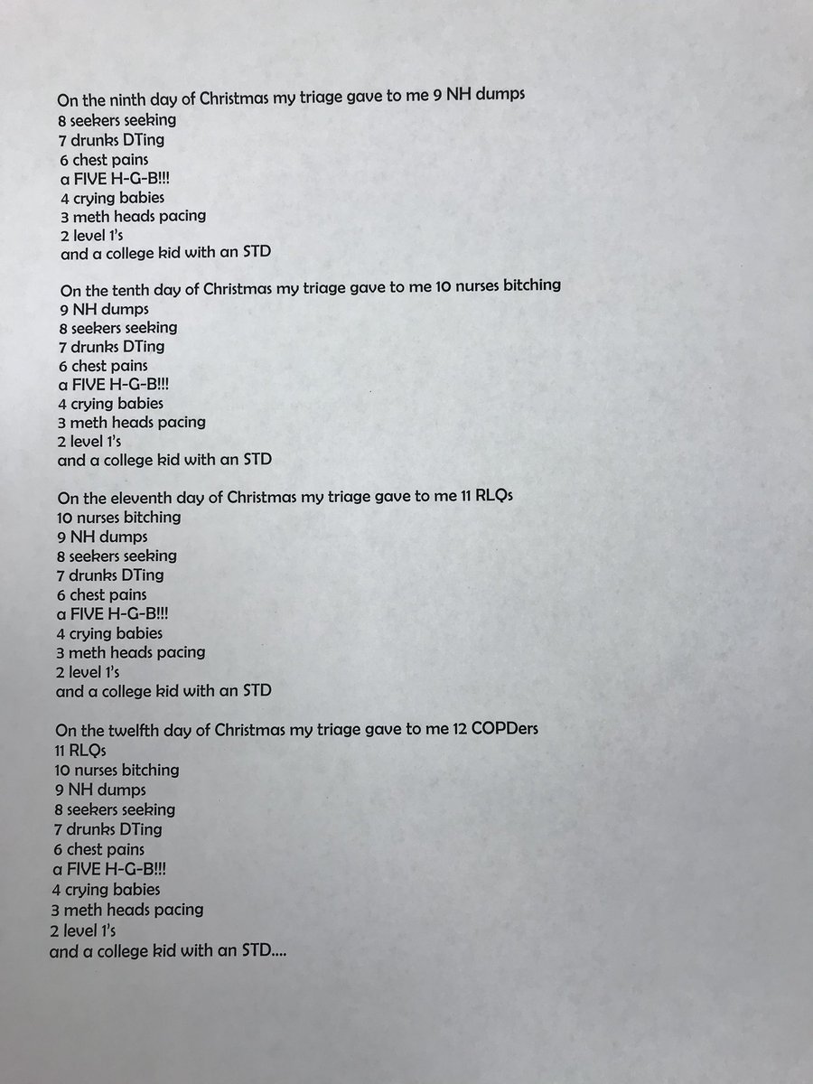 MurseWisdom's tweet photo. Ok, I couldn’t stand my 12 days of Christmas from earlier so I redid it. I typed it out and took pics so you can see it all on one tweet too. #12daysofchristmas #ERversion https://t.co/VS3pephYpy