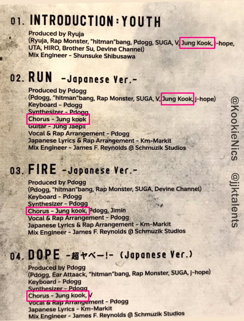 Jungkook's creditsYouth (BTS 2nd Japanese studio album)-Credits for original Japanese songs-Co-write:Intro: YouthChorus:Intro: YouthWishing on a StarFor You #Jungkook  #정국