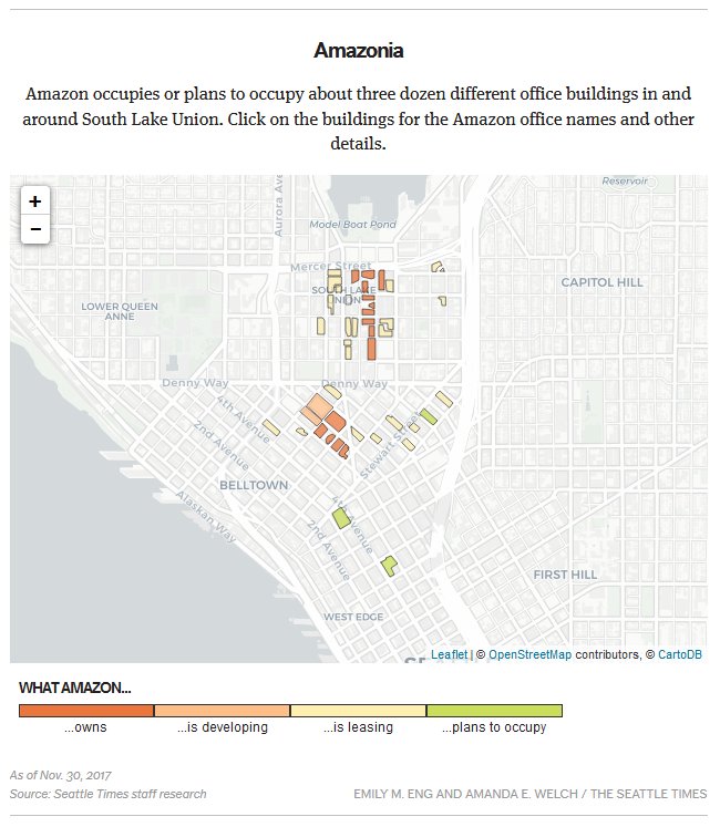 seattletimes's tweet image. In 2007, Seattle city planners estimated Amazon might have 6,000 employees in the South Lake Union neighborhood by 2011. 

Today, the company has come to dominate the neighborhood and much of the city itself, employing more than 40,000 people in Seattle, spread over 37 offices.
