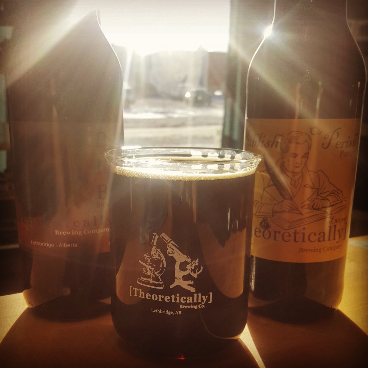TheoryBrew's tweet photo. On this longest of nights we embrace the darkness with Publish or Perish Porter &amp; BHB (Black Hole Beer) Stout. We toast the long winter nights and await the coming of long summer days! #YQL #HappySolstice #WinterSolstice #LongNights #CanadianNights https://t.co/PWDhR58ri4