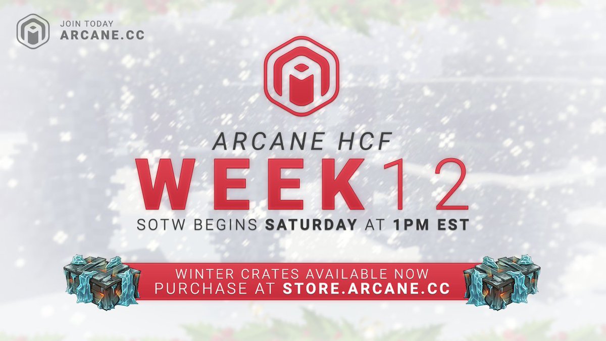 ArcaneCC's tweet photo. HCF Week 12 begins THIS SATURDAY at 1PM EST! 📅

 • 7 Man + 1 ally 👬

Winter Crate Key-all at 2PM EST! 🗝️

New Changes:
 • New Winter Crate Items! 🎁

RT + Follow for a chance to win 30 WINTER CRATE KEYS! ☃️ https://t.co/ByAATePRne