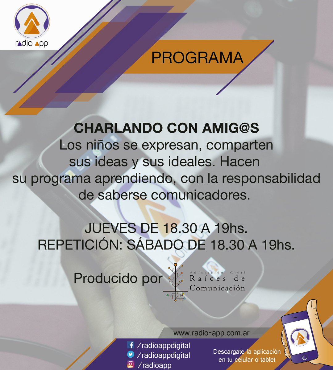 radioappdigital's tweet photo. AHORA| Escuchá un nuevo programa de los más pequeños de #RadioApp, #CharlandoConAmigos. Una producción de @RaicesComunica https://t.co/buInqlp9kD https://t.co/HXdss8AQQz