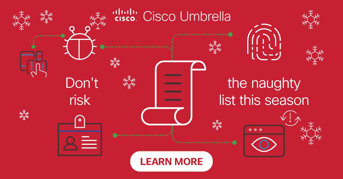 CiscoUmbrella's tweet image. Don’t risk the naughty list this season with an outdated network infrastructure. Read this: Higher Education cybersecurity 101. bit.ly/2BFpmhw