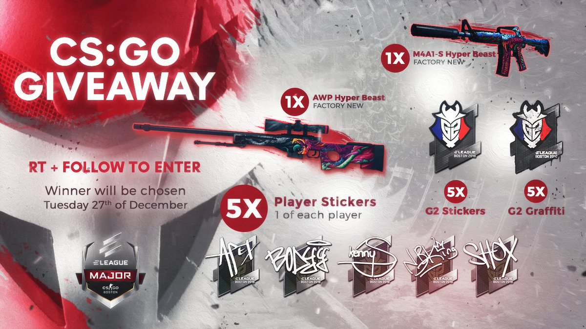 G2esports's tweet image. These major stickers got us hyped!! We&apos;re giving away an AWP &amp;amp; M4A1 Hyper beast + some of our major stickers 😱

RT &amp;amp; Follow to enter! 
Good luck, have fun &amp;amp; Merry Christmas 🎅🏼