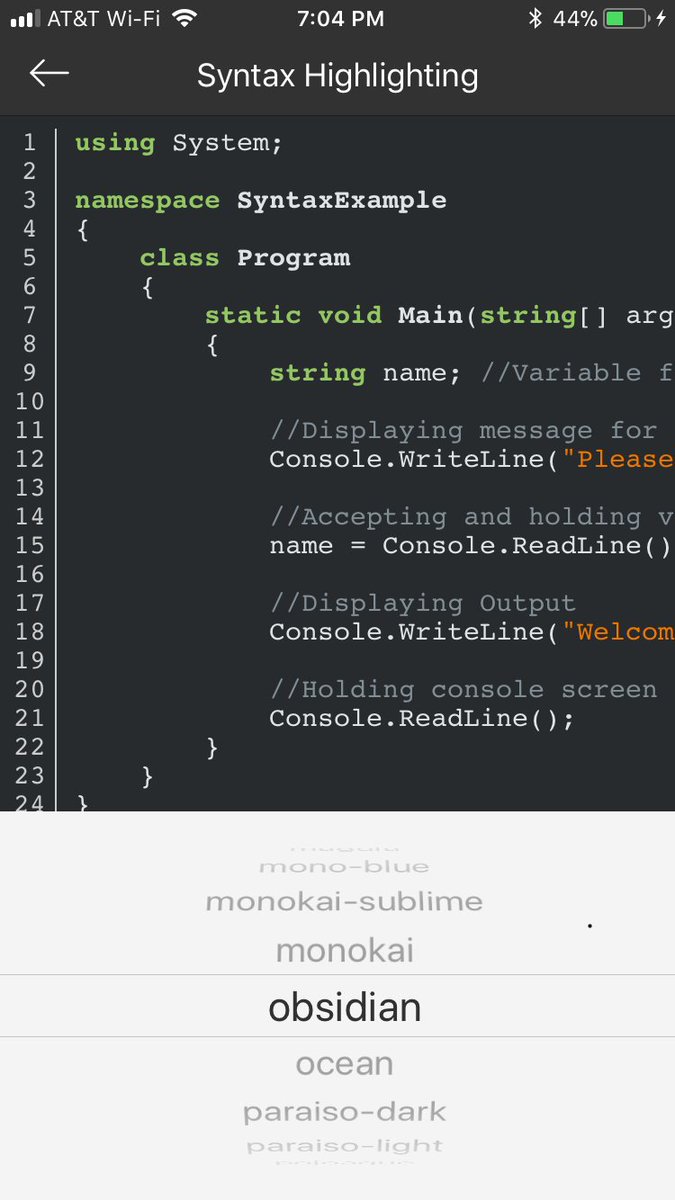 CodeHubApp's tweet image. New version just got released to iTunes. Now you can select the theme you'd like to view your code in! (Check in settings)