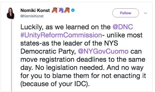 . @TomPerezSo is the Unity Committee peddling nonsense? I'm a NY. I'm pretty happy with registration as it is. Shouldn't NYers be asked? Why is this woman that no one voted for getting a say?