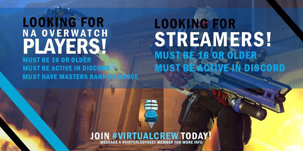 VirtualOdyssey_'s tweet photo. Virtual Odyssey is currently looking for:
- PC Overwatch players, NA based.
- Streamers from any region, any console and playing any game, to join our ever growing streamer community!
#JoinTheJourney #VirtualCrew https://t.co/NiAASp80dn