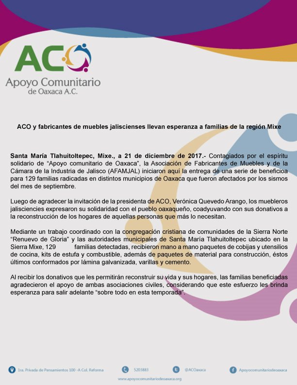 ACOaxaca's tweet photo. @ACOaxaca y fabricantes de muebles jaliscienses llevan esperanza a familias de la región Mixe https://t.co/etNBNohJ1d https://t.co/8oifcaztZY