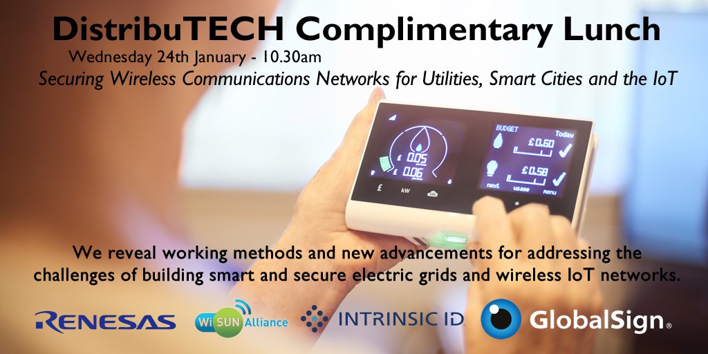 globalsign's tweet photo. Going to @DistribuTECH this year? GlobalSign, @WiSunAlliance, @IntrinsicID & @Renesas1 are revealing new methods for addressing challenges in building smart and secure electric grids and wireless #IoT networks. Register today! > https://t.co/VRTxmSy03T #DTECH2017 #IoTSecurity https://t.co/y6YLNZK67a