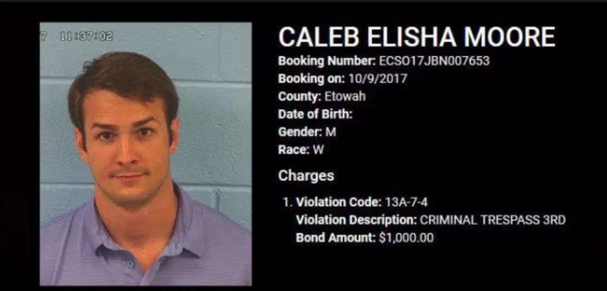 krassenstein's tweet photo. Sore Loser, Alleged Pedophile & Bigot, Roy Moore, just attacked Doug Jones' gay son in a Facebook post, merely for being gay.
It would be ashamed if this mug shot of Roy Moore's 9-time arrested (criminal trespassing, drug possession, DUI) son Caleb Moore were to go viral https://t.co/j3g8zXnh6r