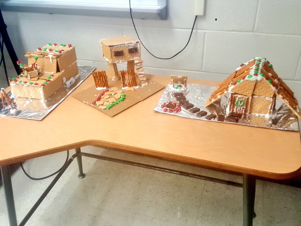 mrjwonders's tweet image. Gingerbread house challenge complete! Great job everyone!  And our winner is the team of Seth Breseman, Mason Burkeen, and Owen Hunt!  #holidayengineering @Onsted_HS