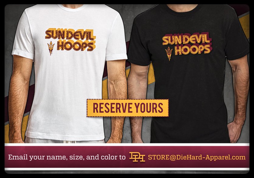 StayTrue2ASU's tweet photo. PRE-ORDER your Officially Licensed @SunDevilHoops T from DieHard, just $23.99. 

Soft, fitted Tee in Black or White with a maroon &amp; gold retro-feel print 🔱🏀🔥 

Simply email Store@DieHard-Apparel.com with ur NAME, COLOR and SIZE 🔱 We’ll email you when ready to purchase &amp; ship! https://t.co/Ak6eCCadqM