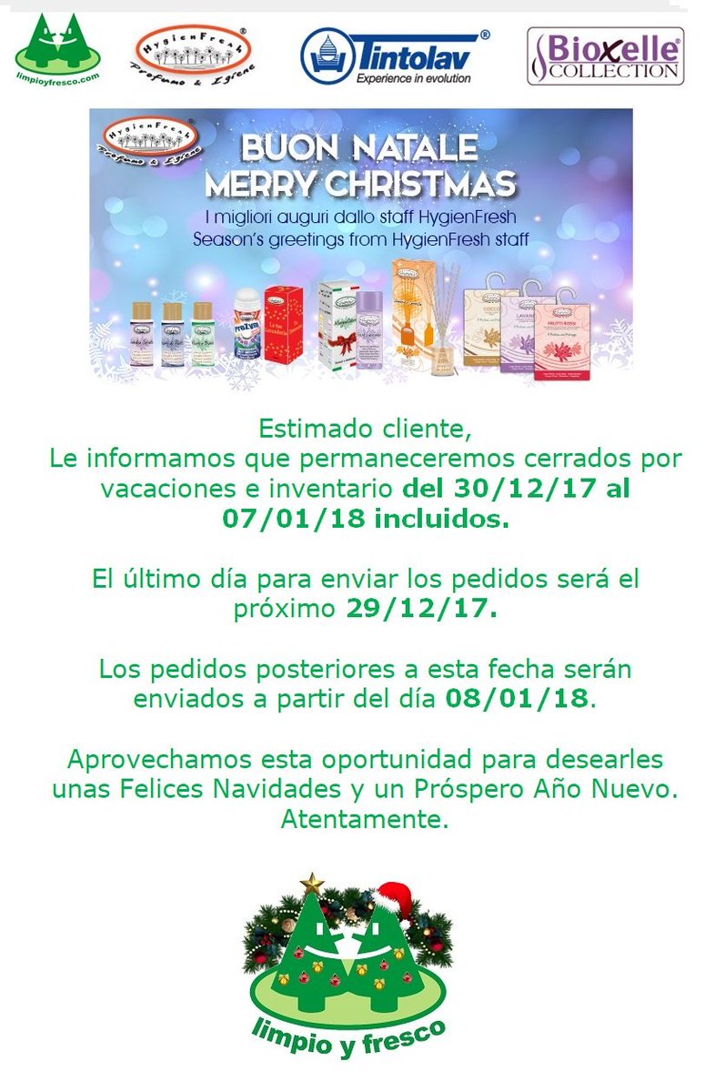 En LIMPIOYFRESCO.com os felicitamos las fiestas navideñas y os deseamos un feliz año nuevo. #hygienFresh #Tintolav #LimpioyFresco #lavandería #tintorería #lavanderíaautoservicio #bioxelle #FelizNavidad #
