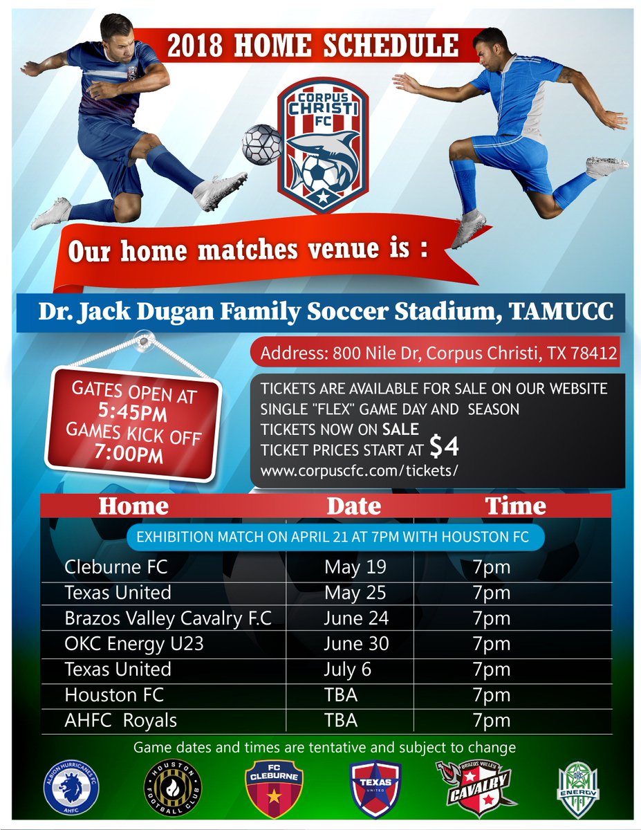 CorpusCFC's tweet image. Corpus Christi Football Club Announces Its 2018 Inaugural Schedule and Ticket sale
Flexible (Flex) game day tickets and Season Ticket Memberships are now available for sale on their website. corpuscfc.com/tickets/