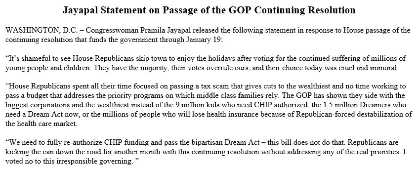 RepJayapal's tweet photo. It’s shameful to see House Republicans skip town to enjoy the holidays after voting for the continued suffering of millions of young people and children. They have the majority, their votes overrule ours, and their choice today was cruel and immoral.
#DreamActNow #reauthorizeCHIP https://t.co/oKb8EaamwZ