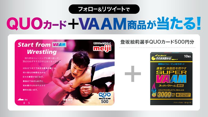 vaam_official's tweet image. VAAM公式アカウントをフォロー＆この投稿をRTで合計100名様にQUOカードとVAAM商品がもらえるチャンス！今すぐフォローしよう！
#VAAM #レスリング #登坂絵莉 #明治 goo.gl/G5v9oM