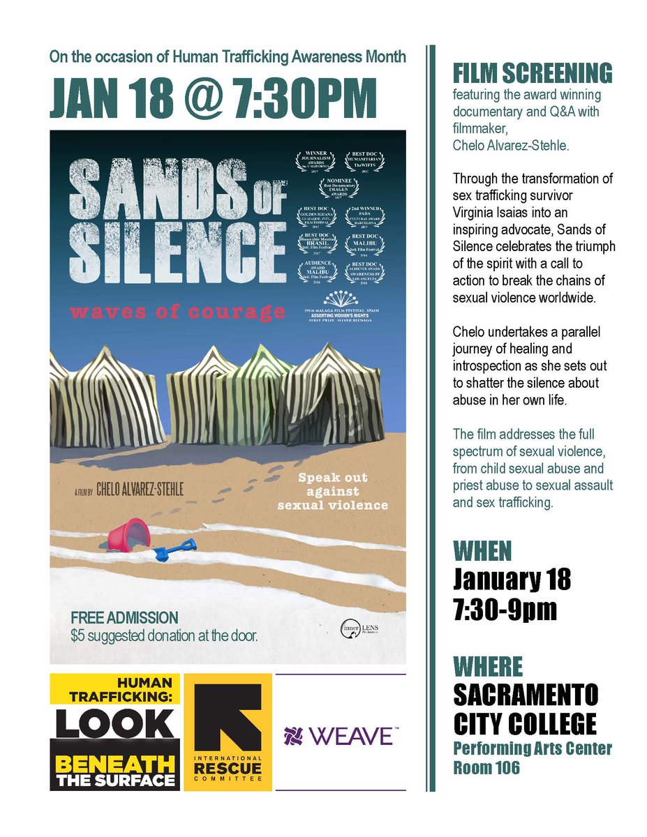 SacRescueRestor's tweet photo. IRC and WEAVE host Sands of Silence - film screening and discussion.  1/18 @7:30 pm @ Sac City College, Performing Arts Center Room 106. https://t.co/EqalXaznHG