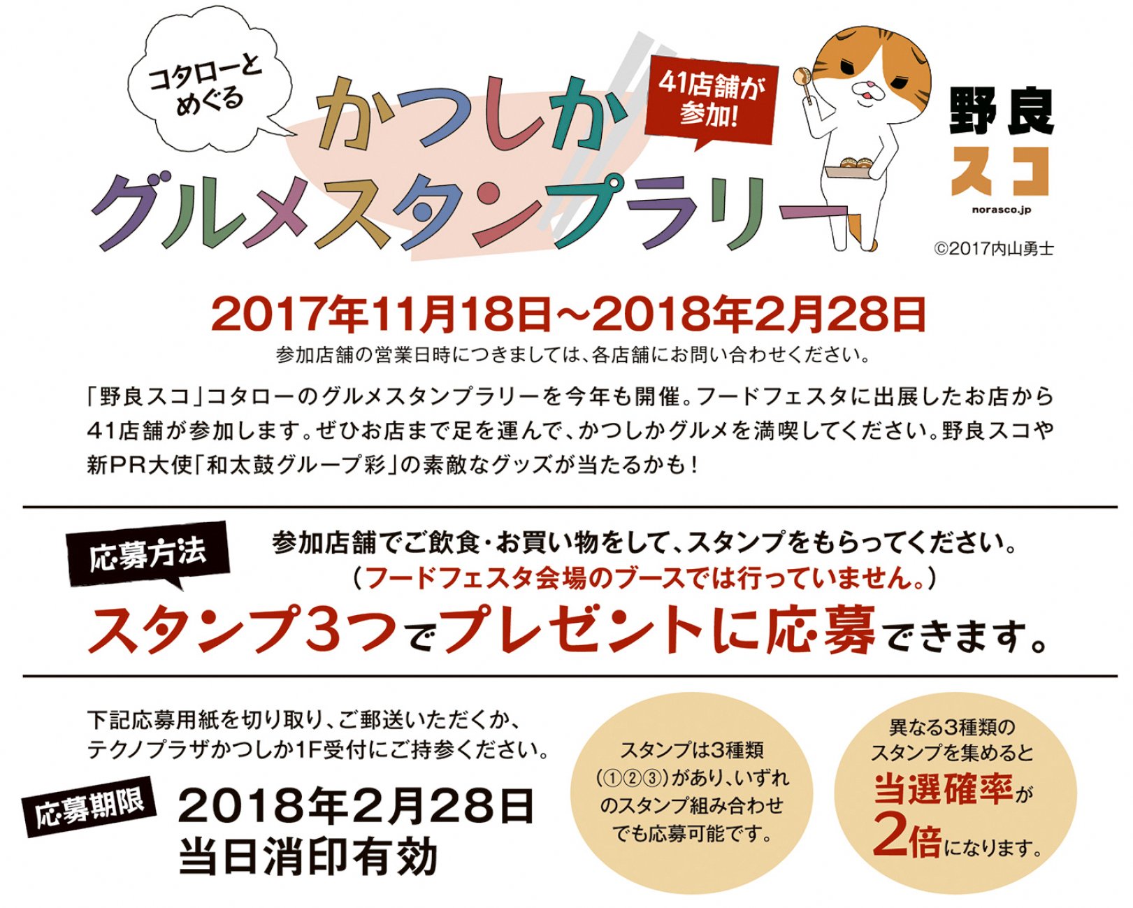 葛飾区 かつしかフードフェスタ に出店した41店舗を巡る かつしかグルメスタンプラリー を開催中 野良スコ や 和太鼓彩 のグッズが抽選で当たります 応募は18年2月28日まで 参加用紙は公式サイトからダウンロードください T Co