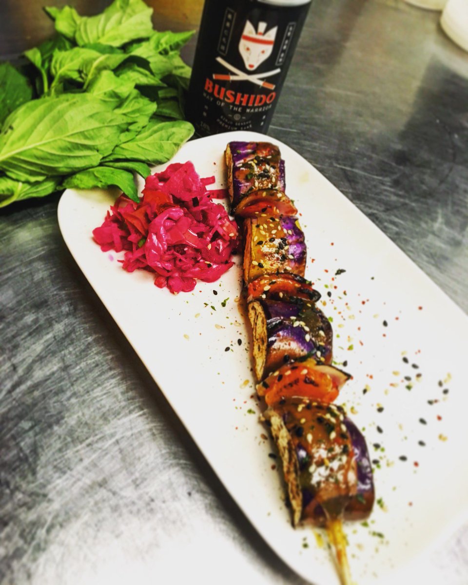 Have you tried this? The succulent Japanese Eggplant Kabob with Red Pepper, Miso-Honey Glaze and Spicy Pickled Cabbage.