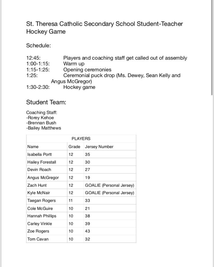 stcsspeermentor's tweet image. ATTENTION TITANS!! This is the schedule and roster for tomorrow’s annual STUDENT vs. TEACHER hockey game!!!! Getttttt ready🏒🥅