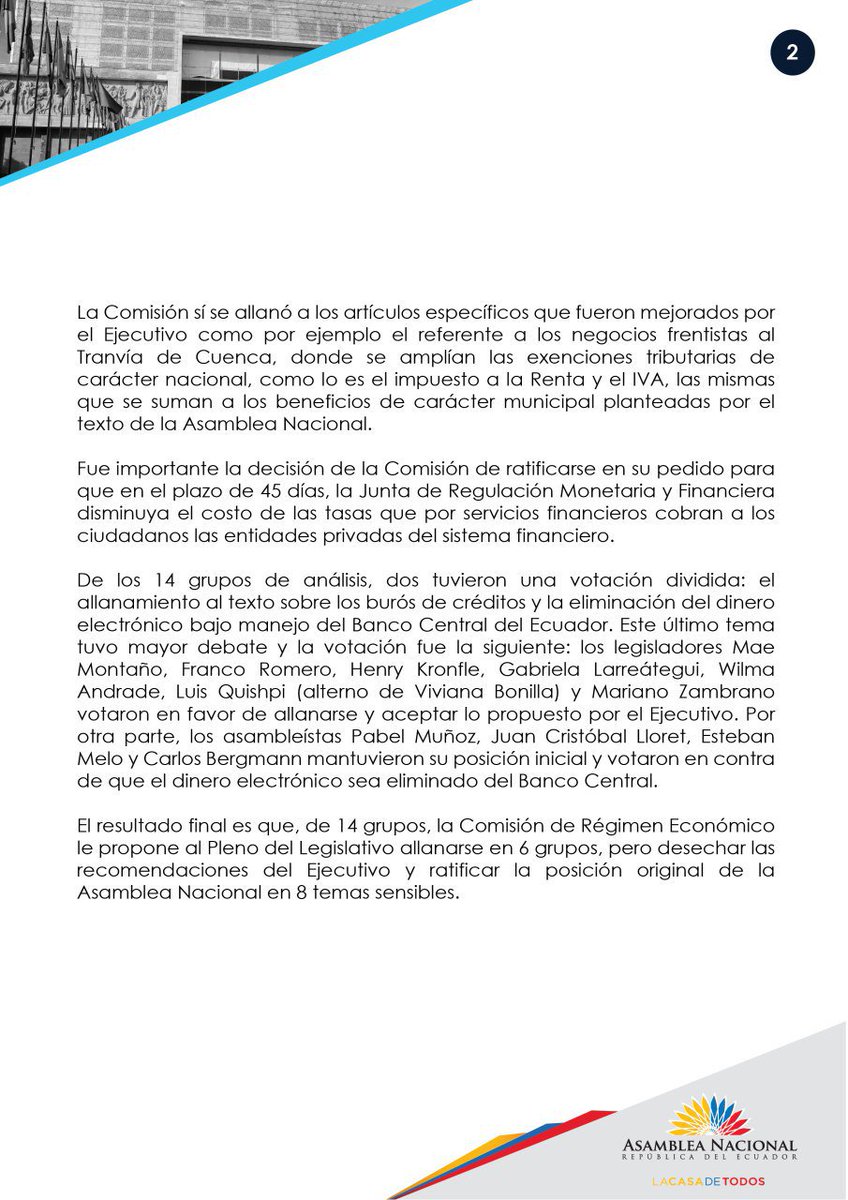 COMUNICADO |

Conozca cómo se desarrolló, este miércoles 20 de diciembre, el debate del informe no vinculante sobre el veto presidencial a la #LeyReactivaciónEconómica, en la Comisión de Régimen Económico de la <a href="/AsambleaEcuador/">Asamblea Nacional</a> 👇