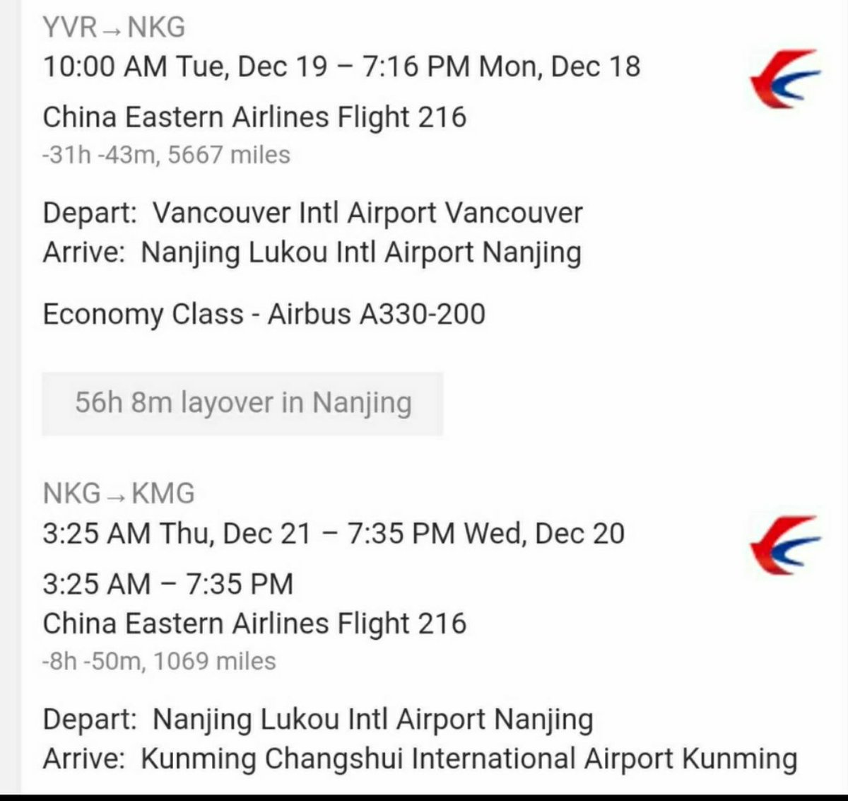 Wright_About's tweet photo. The best part of this whole ordeal with @priceline is this updated itinerary they sent us while we were flying from Wpg to Vancouver which has us traveling backwards through time. https://t.co/B9E0qvkER2
