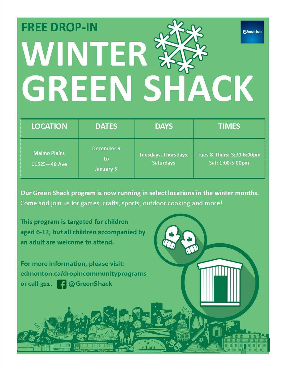 MalmoCL's tweet photo. Join Lauren and/or Tasha at the winter Green Shack at Malmo playground until January 5! #malmoplains #yeg https://t.co/r5mWvYqDdA