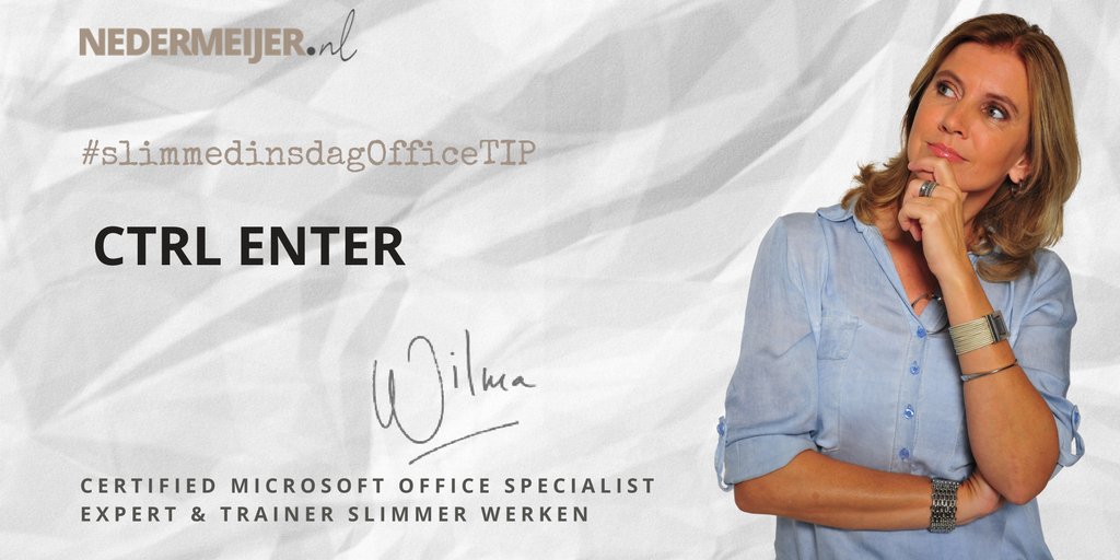 Wist je dat ik op mijn Facebookpagina élke dinsdag één van mijn favoriete Office-tips deel? Als je niets wilt missen: facebook.com/nedermeijeroff…. Deze week: Een e-mail in Outlook (of Gmail) slim en snel verzenden zónder je muis aan te raken? Gebruik de toetscombinatie CTRL ENTER!