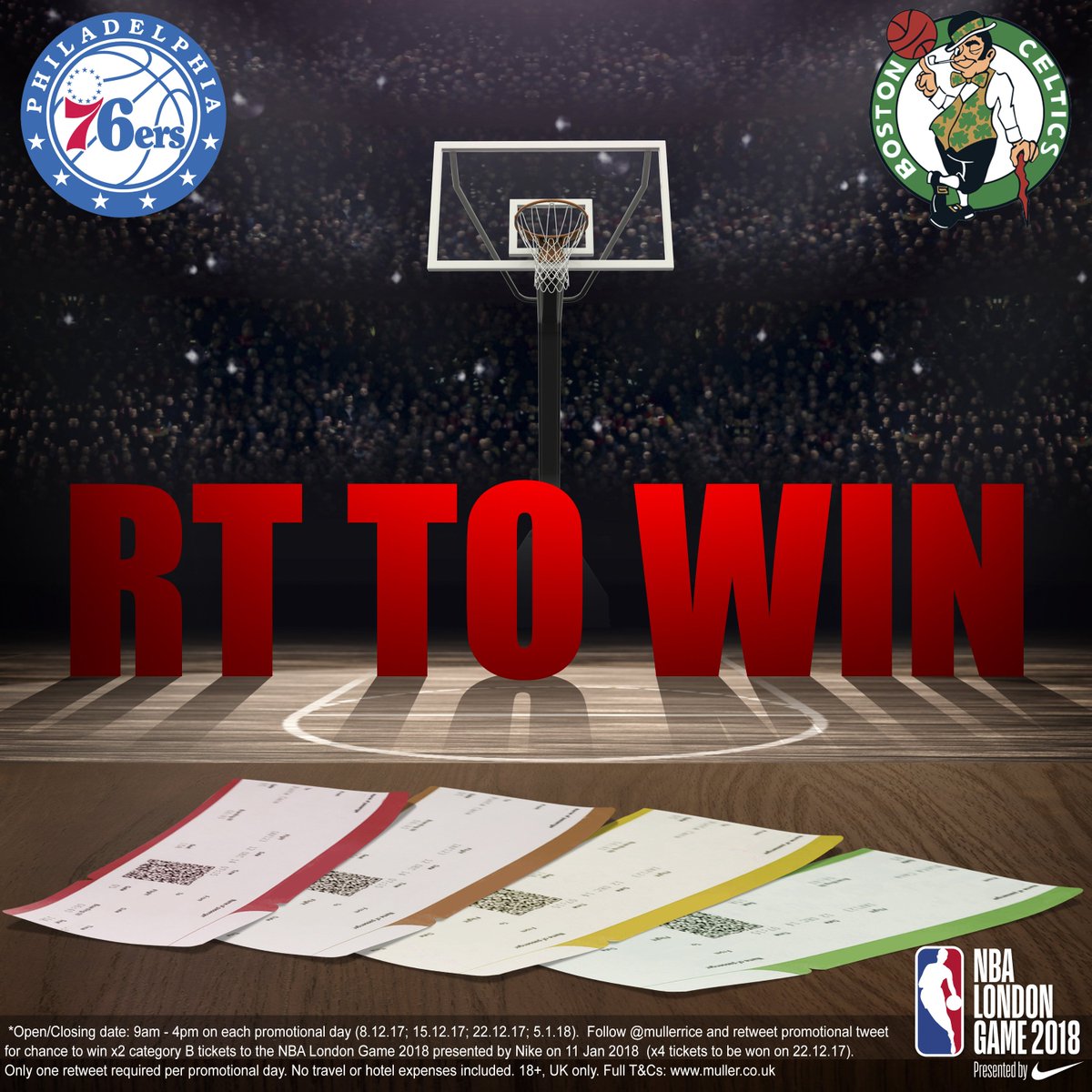 MullerUK_Ire's tweet photo. RT TO WIN! Win x4 tickets for the @NBAUK London Game presented by @NikeUK on the 11th Jan at The O2 in London. RT this before 4pm for a chance to win. Winner will be chosen at random after 5pm today. Good luck! #MullerRiceNBA #NBALONDON #contest T&amp;C apply https://t.co/NMtBvRdNkL https://t.co/EMFMvv6aOA