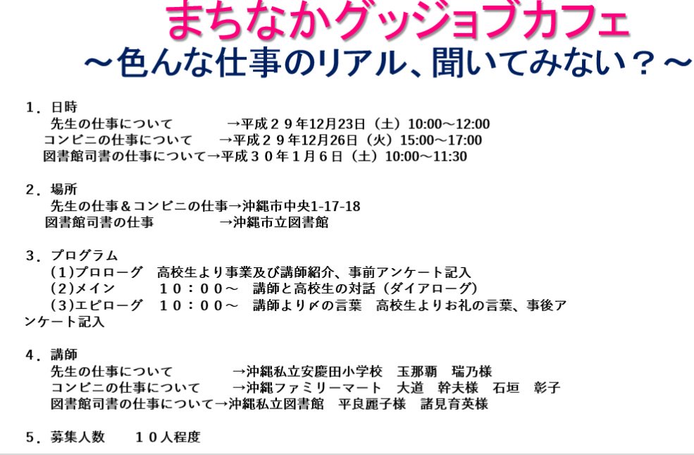 しょーた 講師の方は 沖縄市立安慶田小学校教師の 玉那覇 瑞乃 さんです 時間帯は 10 00 12 00を予定しています 場所は沖縄市のパルミラ通り パークアベニューの中にあるよ の沖縄市高校生プロジェクトの拠点でやります 沖縄市中央1 17 18 です