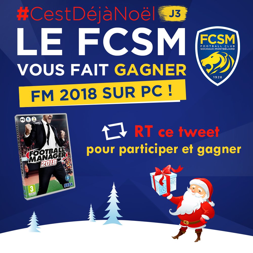 FCSM_officiel's tweet photo. 🎁🎅🤩 #CestDéjàNoël ! Nouveau et dernier cadeau mis en jeu ce vendredi. Tu as jusqu'à 16h pour tenter de remporter #FM18 sur #PC en RT 🔁 ce tweet ! #Jour3 #JeuConcours #GoFCSM https://t.co/tdGI2TggKH