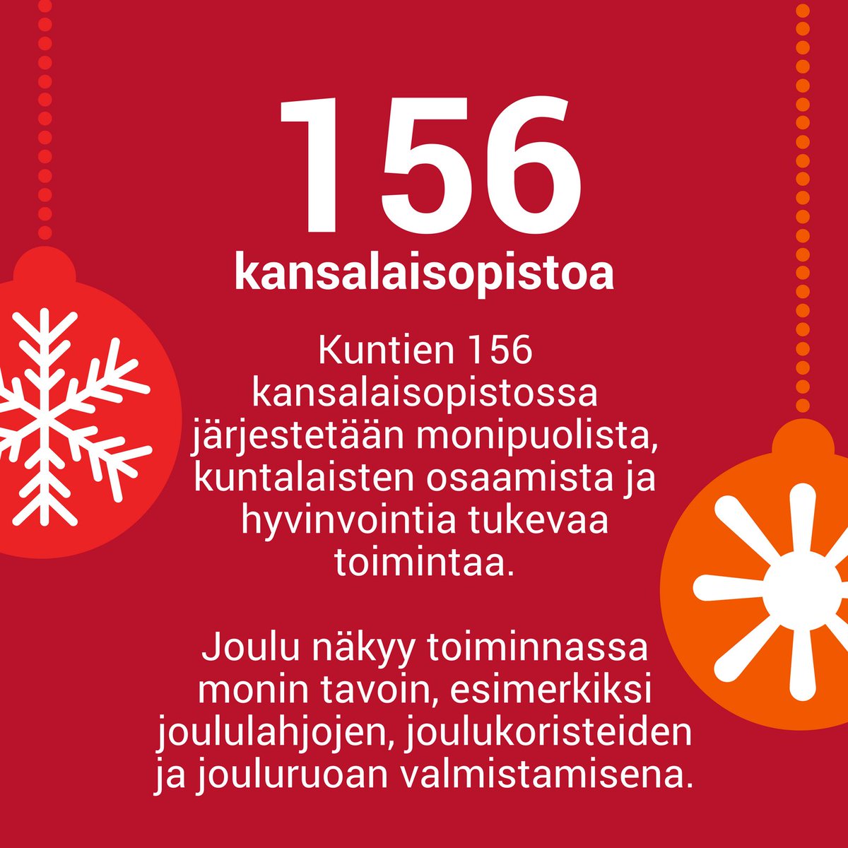 #Kuntajoulukalenteri 22. luukku: tiesitkö, että kunnilla on 156 kansalaisopistoa, joissa järjestetään monipuolista kuntalaisten osaamista ja hyvinvointia tukevaa toimintaa? Joulu näkyy toiminnassa monella eri tavalla. kuntaliitto.fi/kuntaliiton-jo…
#kansalaisopistot #kunnat #sivistys