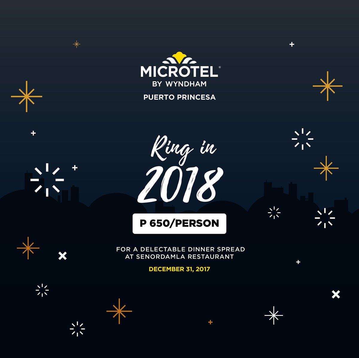 MicrotelPH's tweet image. Celebrate the new year island-style at Microtel by Wyndham Puerto Princesa! For only P650 per person, enjoy a festive dinner at Senordamla Restaurant and welcome 2018 with a bang!! Reserve now at puertoprincesa@microtel.ph or thru 0917 549 7363. #MicrotelPH