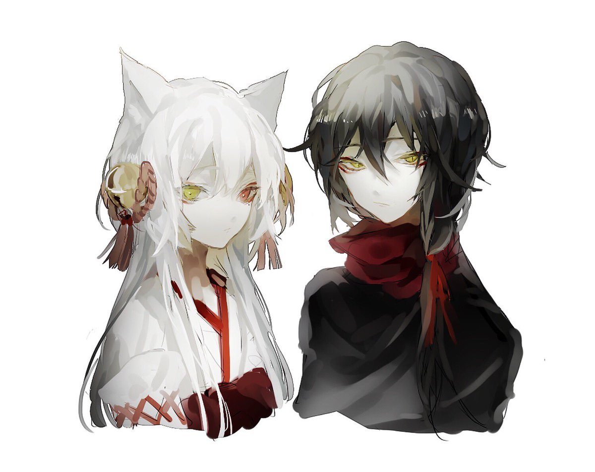 animal ears white hair yellow eyes black hair heterochromia long hair red eyes  illustration images