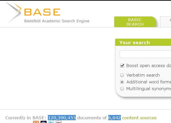 BASEsearch's tweet photo. We have now indexed more than 120 million documents (metadata) from more than 6,000 sources #basestat #BASEsearch https://t.co/7dJreW8Jyb