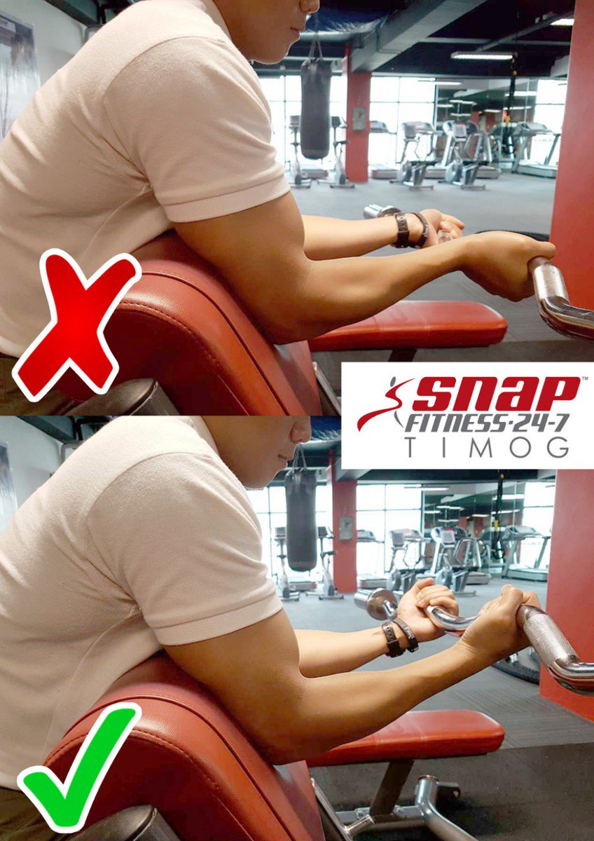 SnapTimog's tweet photo. With the upper arms positioned against the preacher bench pad and the chest against it, hold the E-Z Curl Bar at shoulder length. This will be your starting position. Refrain from reclining your wrist to avoid injury and Squeeze on top for Optimal Contraction. #SNAPFITNESSTIMOG https://t.co/wwEALhVii0