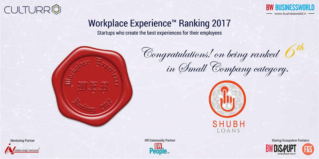 WER2O17's tweet photo. Congratulations to @shubhloans on being ranked 6th in @WER2O17 Small company category @BWBusinessworld @BWPeopleIn @BwDisrupt 
@ianetwork @f6s  https://t.co/CokheKaX0s https://t.co/a2DF9bVE0M