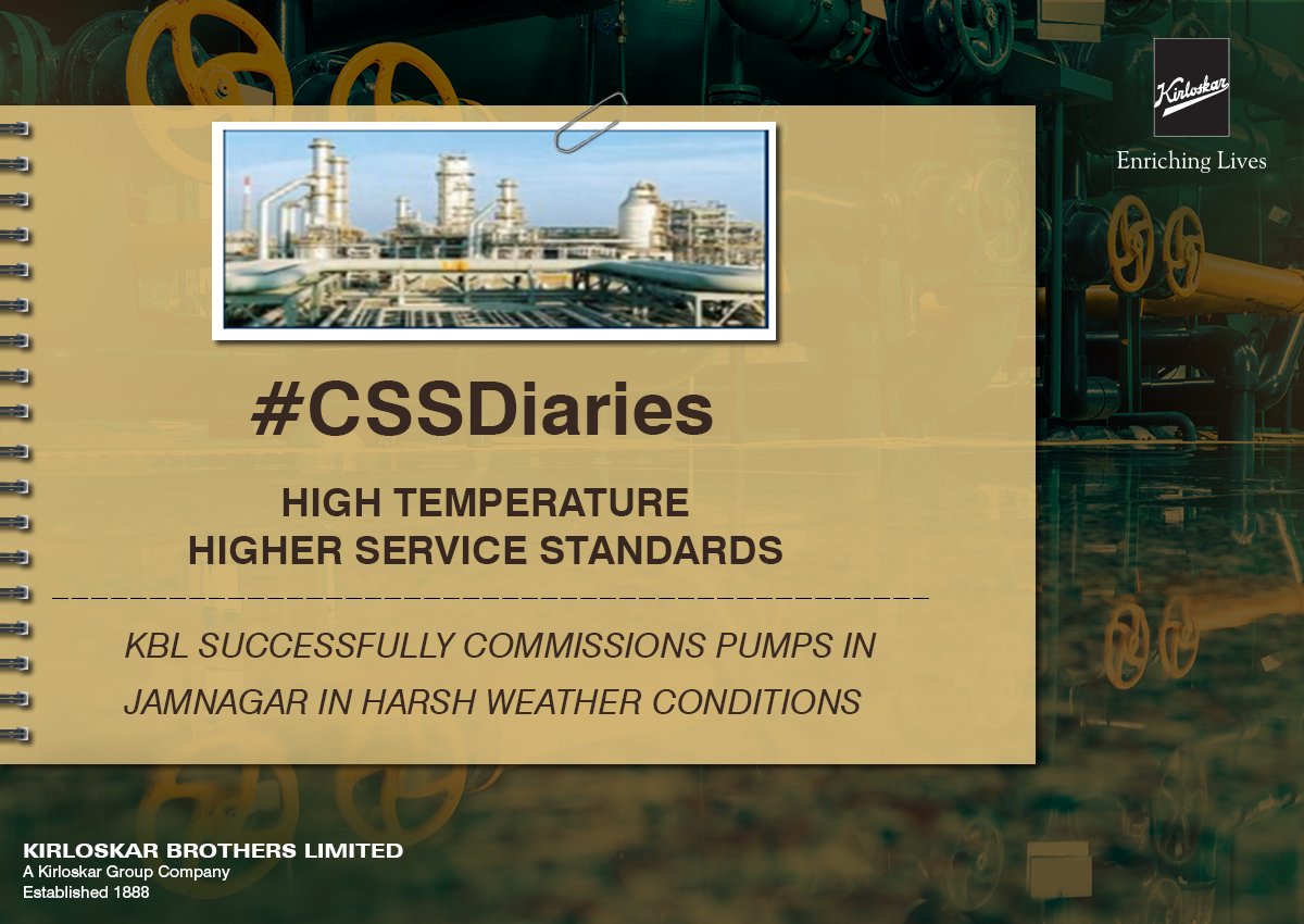 KBLPumps's tweet photo. Our engineers successfully commissioned pumps in Jamnagar in the open where the temperature rises up to 47°C in the summer. Kudos to our team for living up to the KBL name. #KirloskarPumps #CSSDiaries https://t.co/jT1XgFdPQQ