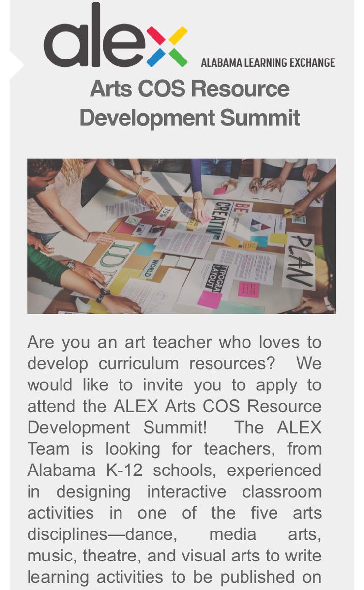 TeachwithALEX's tweet photo. There’s still time to apply- join @TeachwithALEX for the Arts Course of Study Resource Development Summit at The Birmingham Museum of Art on February 6th and/or 7th.
Click below to see Summit details and participant incentives:
https://t.co/po0ap4IlSR https://t.co/UmlqC3L1hE