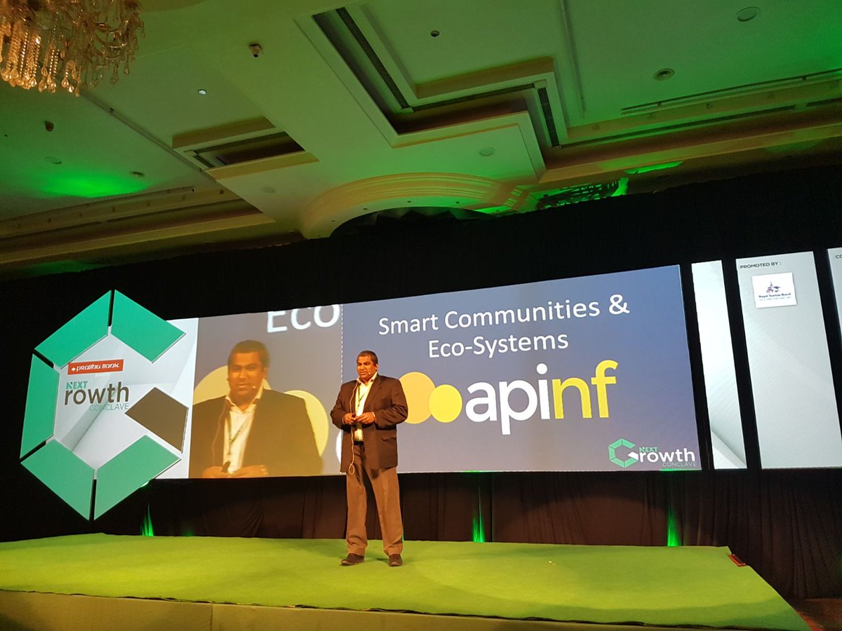 <a href="/challagonda/">Chandra Challagonda</a> on stage presenting <a href="/APInf_io/">APInf</a> to Nepalese ecosystem players at <a href="/GrowthConclave/">Next Growth Conclave</a>