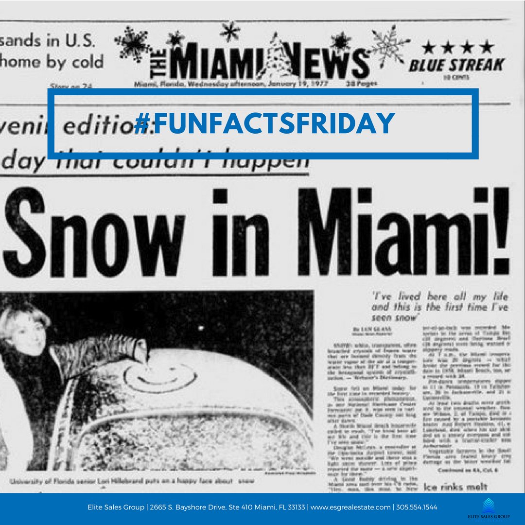 EliteSaleRE's tweet photo. It has snowed exactly once in Miami's official meteorological history. Flurries were recorded on January 19, 1977. The chances of a white Christmas in Miami? "Less than one percent," according to a meteorologist with the National Weather Service. https://t.co/3nOACP83HN
