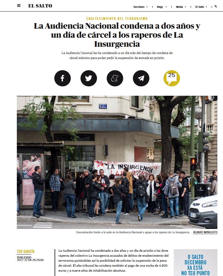 #libertadlainsurgencia PipeDíaz,uno de los 12 de <a href="/La_Insurgencia/">· LA INSURGENCIA ·</a>,condenados a dos años y un día de cárcel por su   música.Si el Supremo no lo impide,los 12 entrarán en prisión,sin antecedentes, exclusivamente por sus letras de rap.¡Difunde esta injusticia! youtube.com/watch?v=eBOBeM…