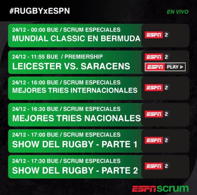 Programación de #RUGBYxESPN para este finde navideño por 📺 y 📱💻 en @ESPNPLAY