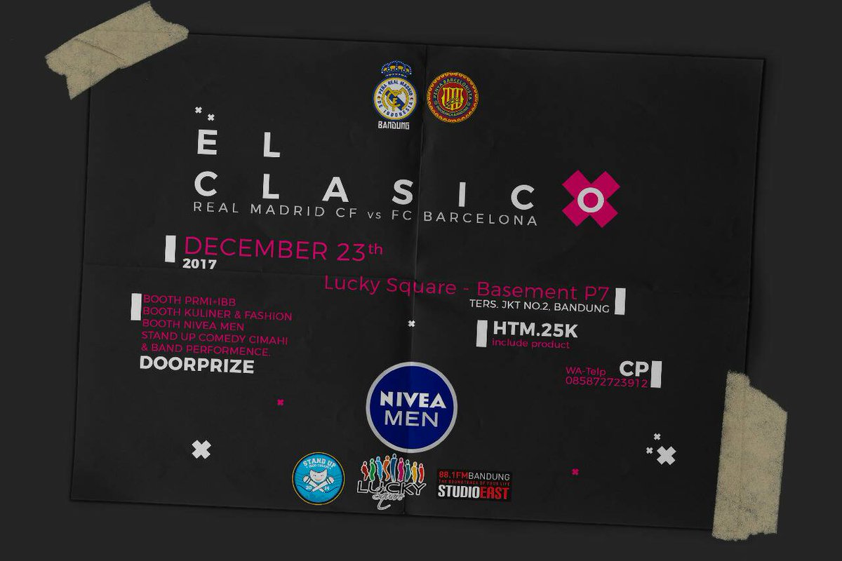 INDOBARCA BANDUNG | #NOBAR <a href="/INDOBARCA_BDG/">INDOBARÇA CHAPTER BANDUNG</a>
🏟️ Real Madrid v #FCBarcelona
📆 Sabtu, 23 Desember 2017
⏰ OG: 16:00
📌 Lucky Square (Basement P7) Jl. Ters. Jakarta no.2 Bandung
💰 HTM: 25 K
📱 CP: 085872723912
#ChapterEvent #IBClasico