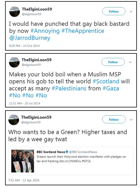 AngusRobertson's tweet photo. Like many others I’ve been trolled by @elginloon59. Turns out this aggressive homophobic, islamophobic, anti-SNP troll is an active Tory member, community representative and followed by many Tory parliamentarians. What are you going to do about it .@RuthDavidsonMSP? https://t.co/t7qQp73EXM