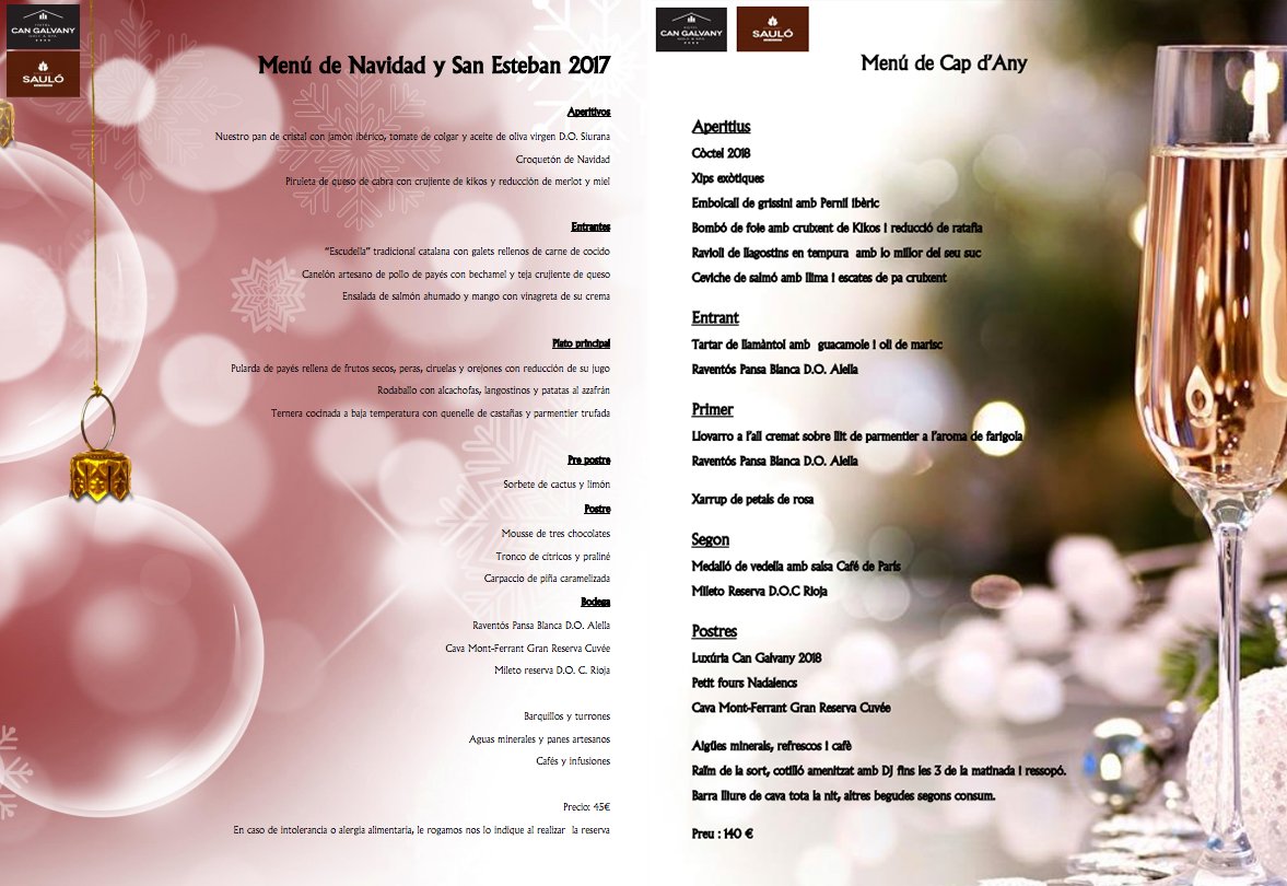 Si encara no heu escollit on celebrar el vostre Cap d'Any i el dia de Sant Esteve, feu un cop d'ull als nostres exclusius menús · 🖥 cangalvany.com 📲 935 72 95 91
#CanGalvany #Sauló #Vallromanes #Nadal