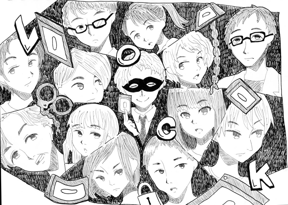 tokine27's tweet photo. 即興芝居チームINNERSPACEさん（@INNERSPACEimpro）の『LOCK』が面白くてオシャレでとても良かったよという絵を勝手に描きました。どれが誰だかわかりづらい…答え合わせ必要かな、これ…
#LOCKよろしく　#LOCKありがとう https://t.co/99QTuN2aUH